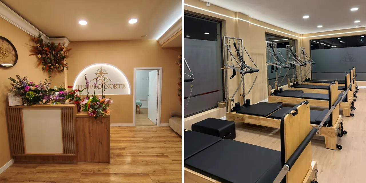 Recepción y sala de reformers de Templo Norte, estudio de pilates reformer en la calle Cataluña de Los Corrales de Buelna
