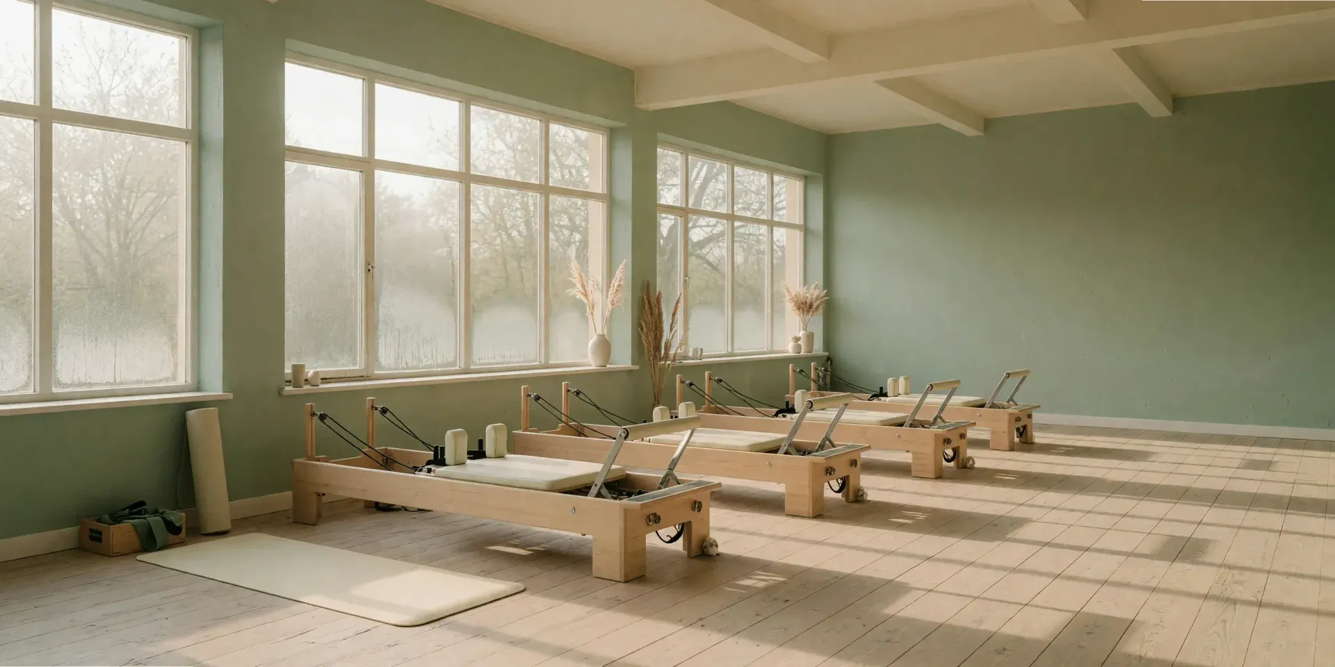 Sala de pilates con reformers junto a un ventanal