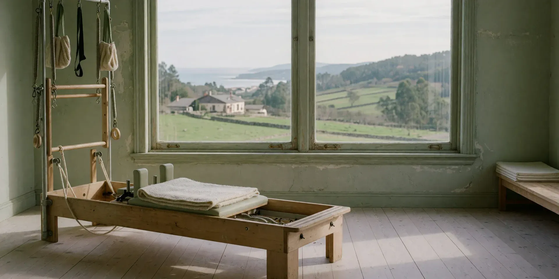 Estudio de pilates con ventanal a un paisaje verde