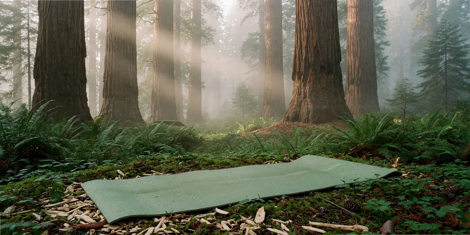 Esterilla de pilates en el bosque de secuoyas de Cabezón de la Sal