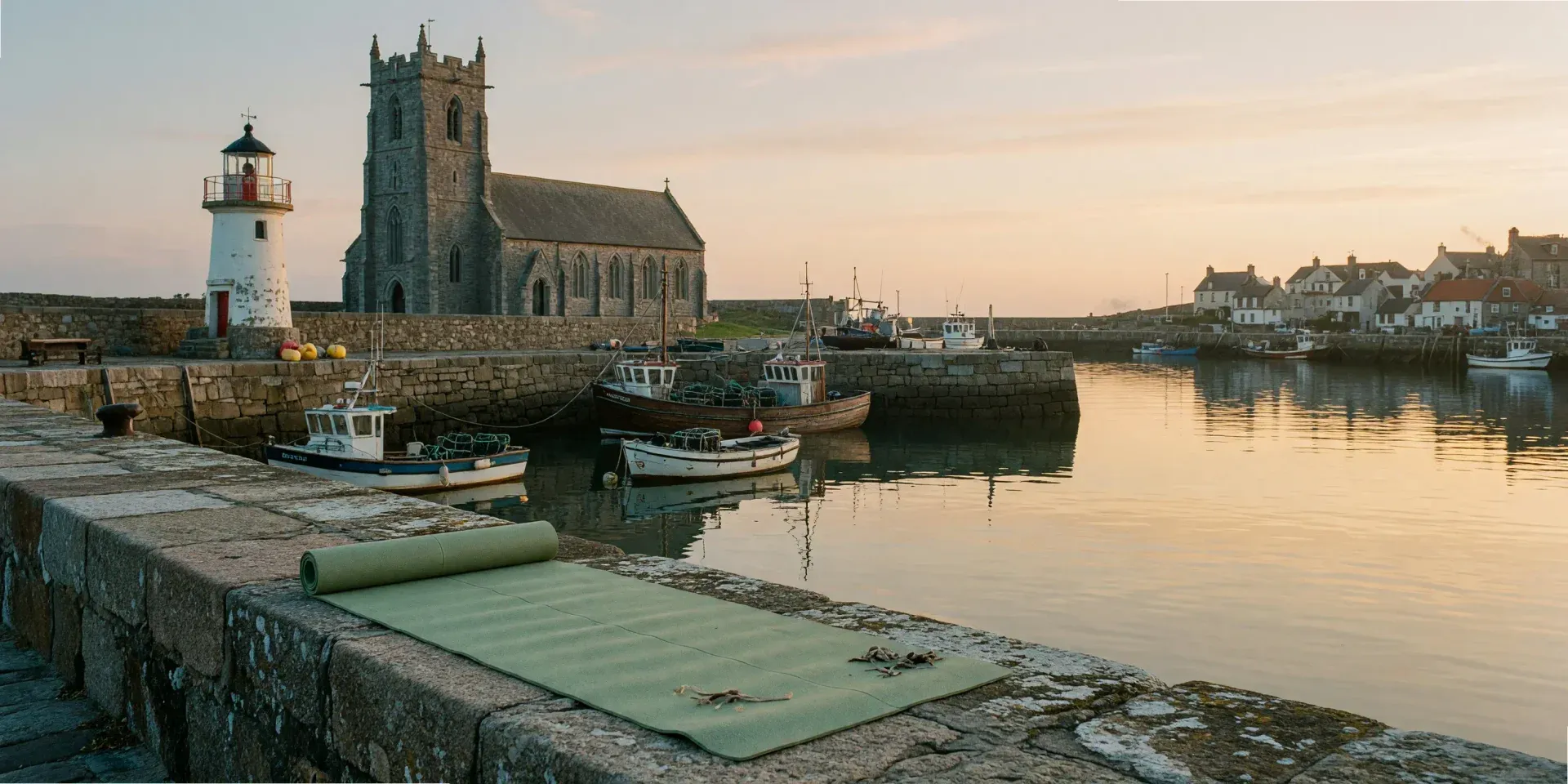 Esterilla de pilates en el puerto de Castro-Urdiales con la iglesia y el faro