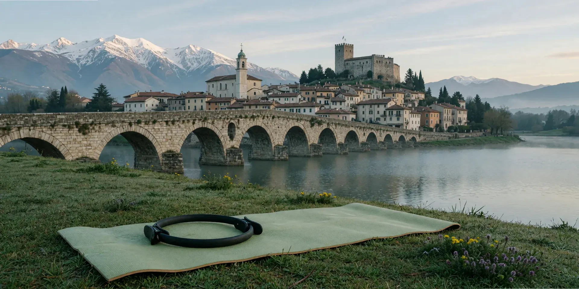 Esterilla de pilates ante el puente de la Maza y los Picos de Europa