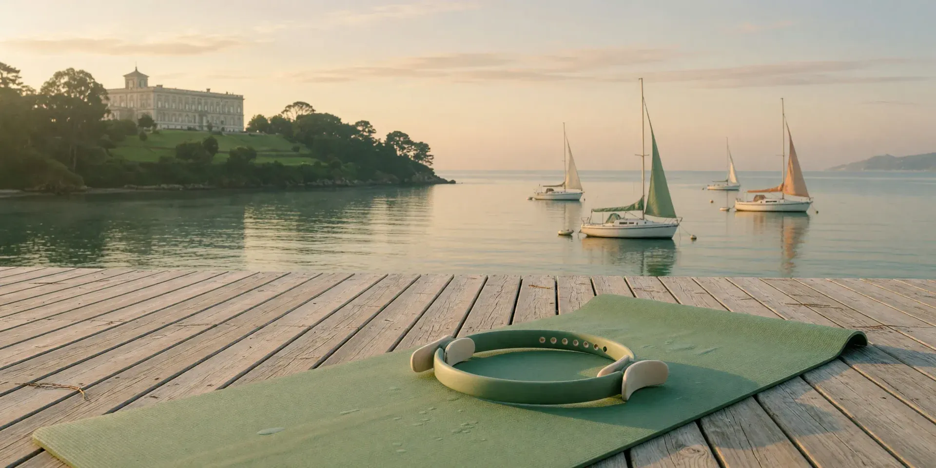 Esterilla y aro de pilates frente a la bahía de Santander al amanecer