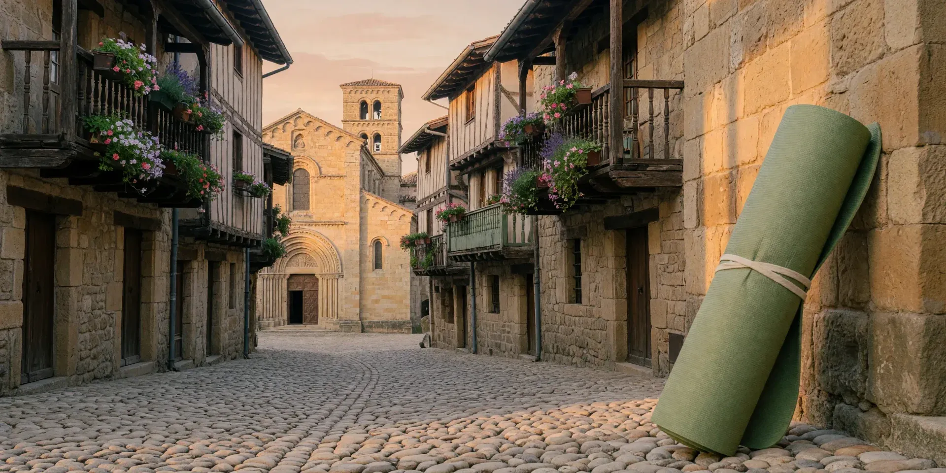 Esterilla de pilates en una calle medieval de Santillana del Mar