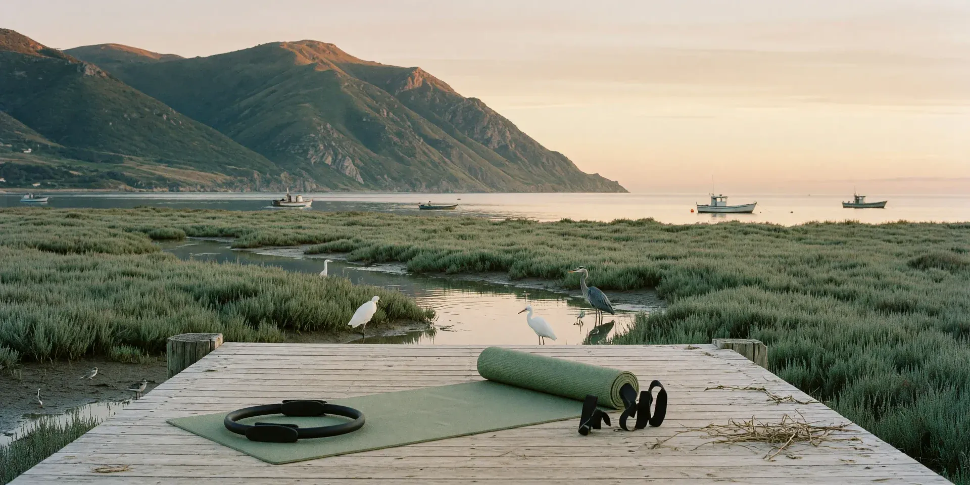Esterilla de pilates en las marismas de Santoña con el Buciero al fondo
