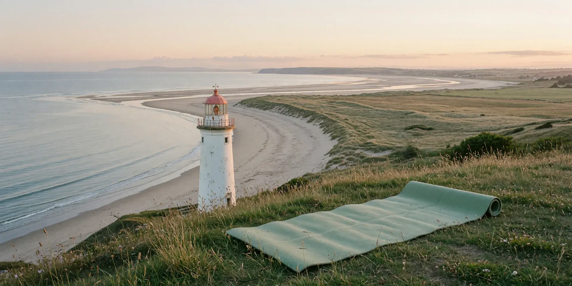 Esterilla de pilates junto al faro de Suances sobre la ría