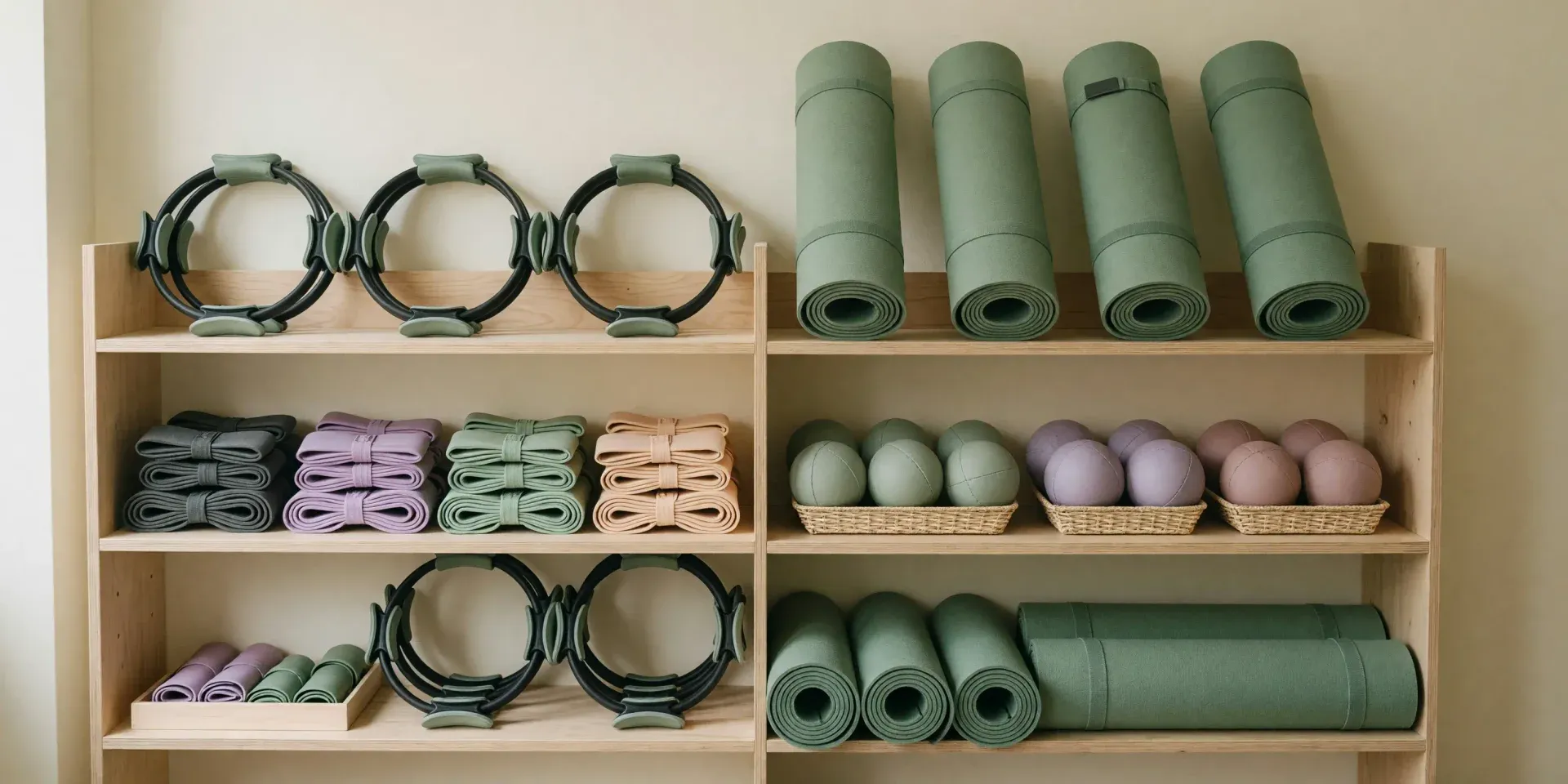 Estantería de un estudio de pilates con esterillas, aros, pelotas y bandas ordenados