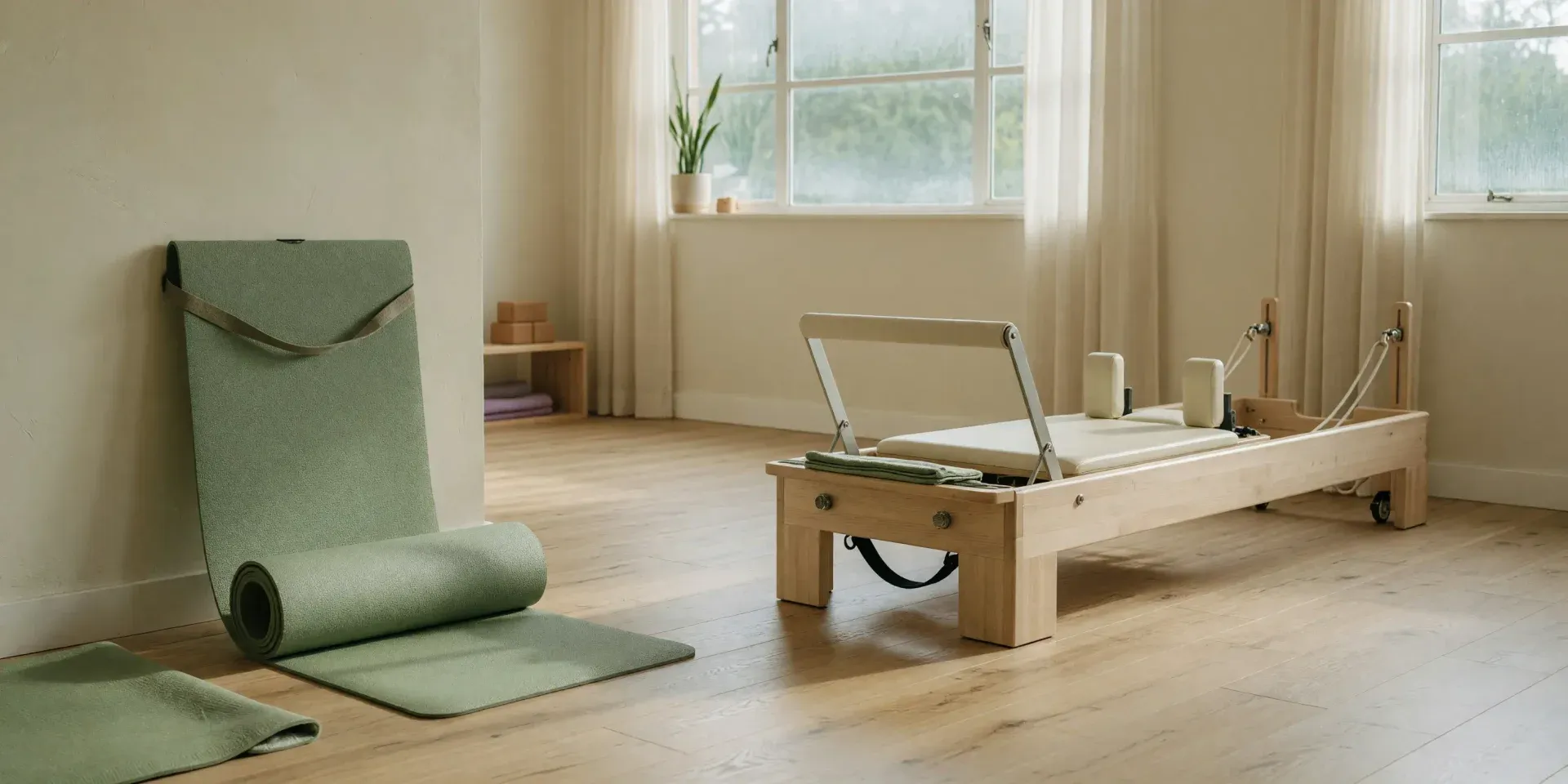 Reformer de madera junto a una esterilla enrollada en una sala de pilates